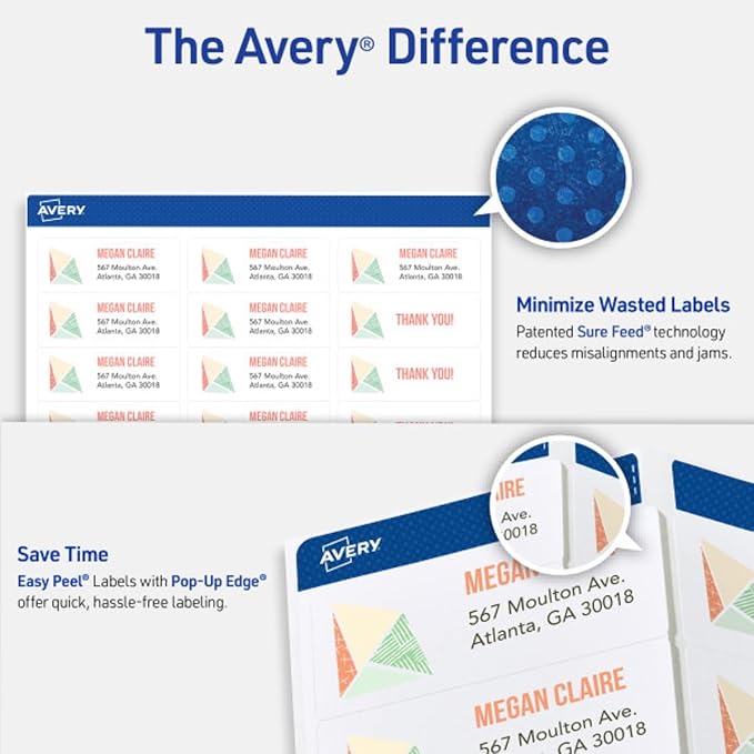 Avery Easy Peel Printable Address Labels, Sure Feed Technology, 1" x 2-5/8" Customizable Stickers, White, 750 Blank Mailing Labels, Great for Mailing, Shipping, and More (8160)