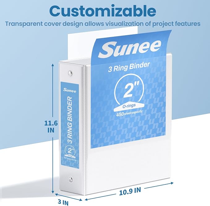 SUNEE 3 Ring Binder 2 Inch 1 Pack, Clear View Binder Three Ring PVC-Free (Fit 8.5x11 Inches) for School or Office Supplies, White