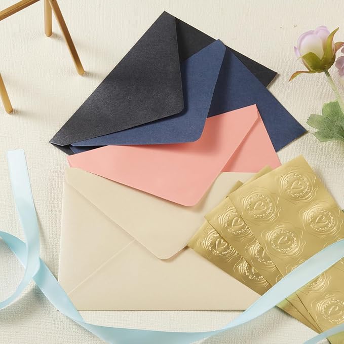 50 Pieces Shiny Envelopes with Gold Stickers, Black, 5x7 | Gold Stickers Included, For Wedding Invitations, For Graduation, For Baby Shower, For Greeting Cards