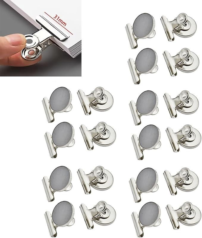 Strong Magnetic Clips, 20 Pack, 1-1/4 Inch, 31 mm, Silver, Refrigerator Magnet Clips, Medium Clip Magnets, Office Supplies, Photo Displays