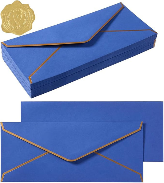 50 Pack #10 Business Envelopes, Blue, 4 1/8 x 9 1/2 Inches | Gold Border, Self Seal Standard Envelopes with Gold Stickers for Office, Checks, Letter Mailing, Invoices