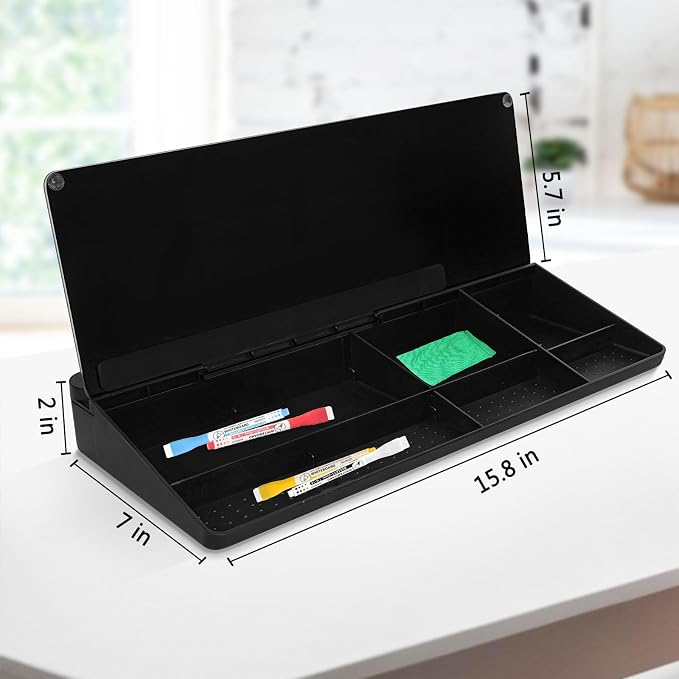 DOLLAR BOSS Glass Desk Whiteboard Small Dry Erase Board, All Black | Desktop White Board with Storage Drawer, Computer Keyboard Stand, Desk Organizer, Office Supplies, With Markers, Rag