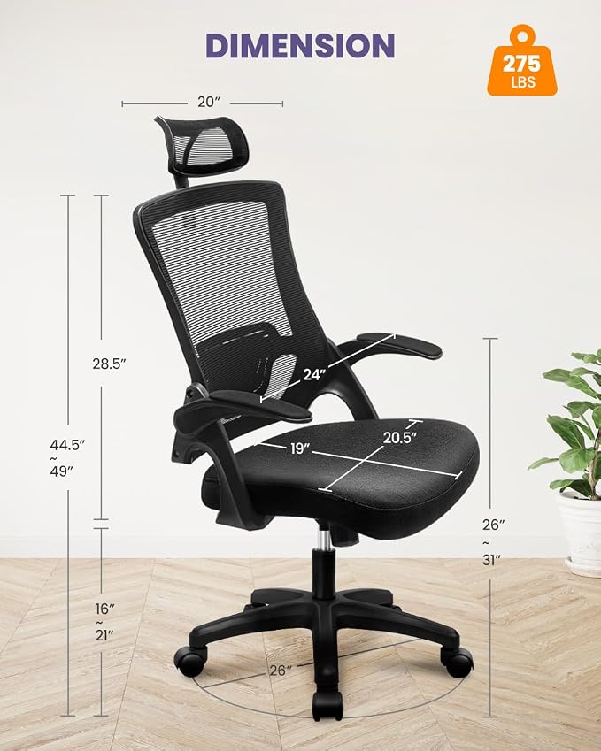 NEO CHAIR Office Desk Chair with Ergonomic High Back Headrest, Mesh Black | Adjustable Headrest and Lumbar Support with Flip-Up Armrests Designed for Extended Sitting Comfort While Saving Space