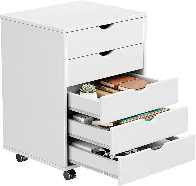 5 Drawer Mobile File Cabinet, Printer Stand with Wheels | Wood Under Desk Storage Cabinet, Rolling Printer Cart, Vertical Filing Chest for Small Space, Home Office, Living Room, White