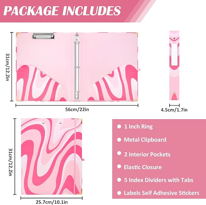 3 Ring Binder 1 Inch Three Ring Binder Cute Binder Fits A4 Paper Decorative Clipboard Binder with 5 Tab Dividers for School Office Supplies (Pink Ripple)