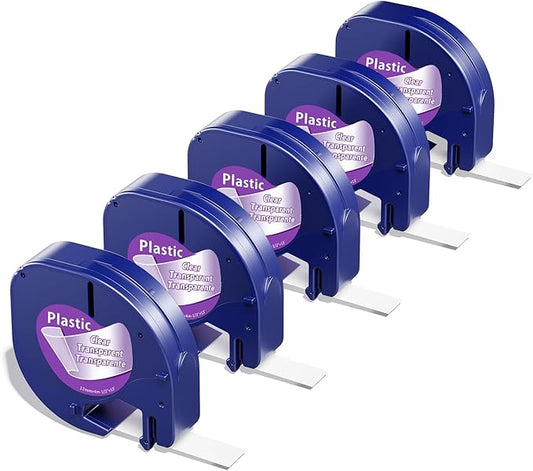 5-Pack Compatible with DYMO Transparent LetraTag Label Maker Refills 16952 Clear Plastic Tape for Letra Tag LT-100H LT-100T QX50, 1/2'' x 13', Label KINGDOM Transparent Plastic Tape