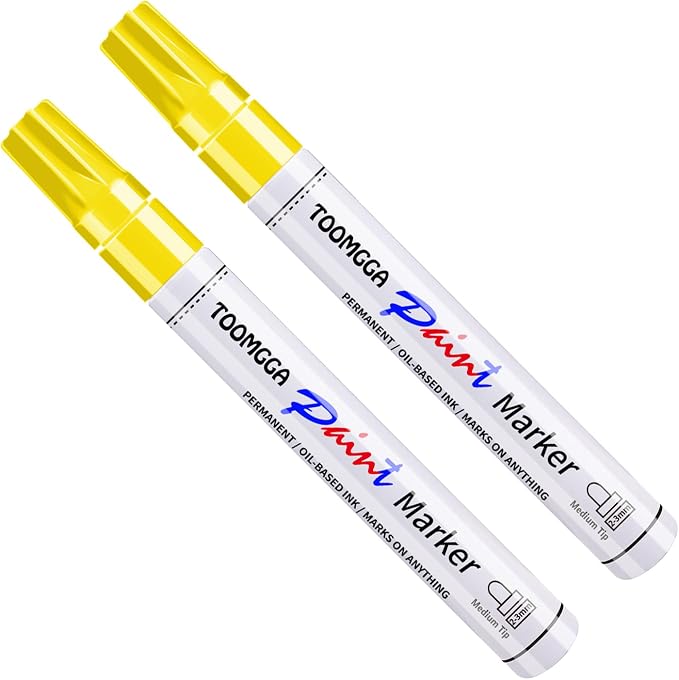 TOOMGGA 2 Yellow Paint Pens Permanent Paint Markers, Oil Based Medium Tip | Marking Pens, Quick Drying, Waterproof, Fade-resistant, for Rock Painting, Car Tyre, Metal, Plastic, Canvas, Mugs, Wood