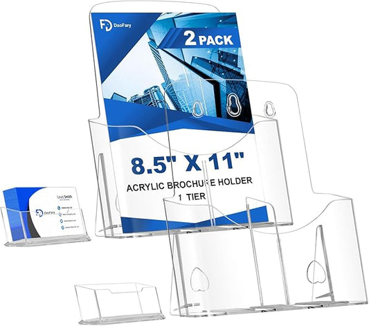 Daofary 2 Pack Acrylic Brochure Holder 8.5 x 11 in with Business Card Holder, 1-Tier Brochure Display Stand with Removable Divider for 4 x 9 Inches Trifold Pamphlets, Clear Flyer Holde
