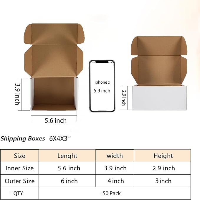 50 Pack 6x4x3 Small Shipping Boxes, White Corrugated Cardboard Packaging Box for Small Business