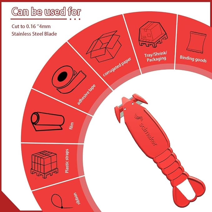 Safety Box Cutter Knife, Recessed SK-2 Blade, 36-Pack Red | Mini package opener tool, finger-safe hidden knife, built-in tape splitter for cardboard & shrink wrap, ambidextrous grip.