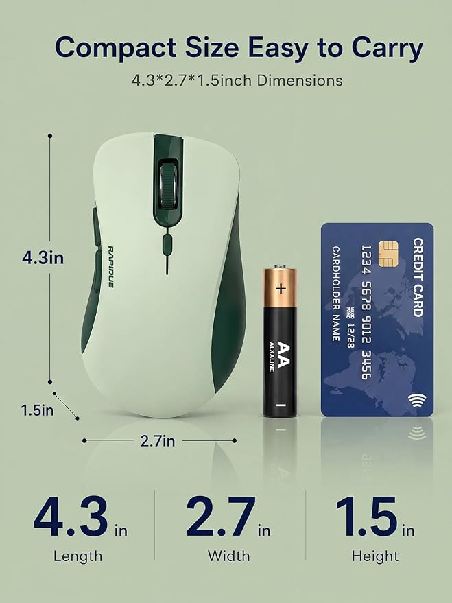 RAPIQUE Bluetooth Wireless Mouse, Dual Bluetooth & 2.4GHz, Avocado Green | Quiet Clicks, Right-Hand Ergonomic 6 Button, Adjustable DPI, 3-Device Switching, USB Receiver for Laptop, PC, Mac, Tablet
