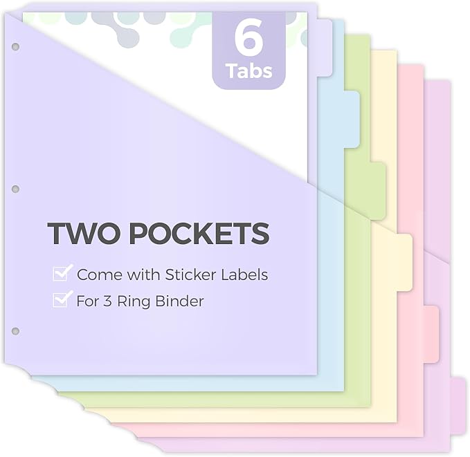SKYDUE 6 Tab Dividers with Two Pockets, Plastic Binder Dividers | Dividers for 3 Ring Binders,Extend Beyond Sheet Protectors, Binder Organizer for School Office and Home Organization