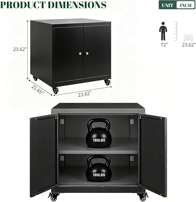 23.6" H Metal Printer Cabinet with Storage & Adjustable Shelf | Large Rolling Printer Stand, Heavy Duty Steel Printer Cart for Home Office, Workspace Organization & Office Supplies, Black