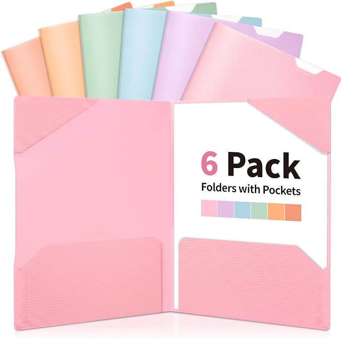 Sooez 6 Pack Folders with Pockets, 2 Pocket Folders | with Writable Category Labels and Non-Slip Tabs, Fits A4/Letter Size Paper, Sturdy Plastic Folders for School, Office, Home