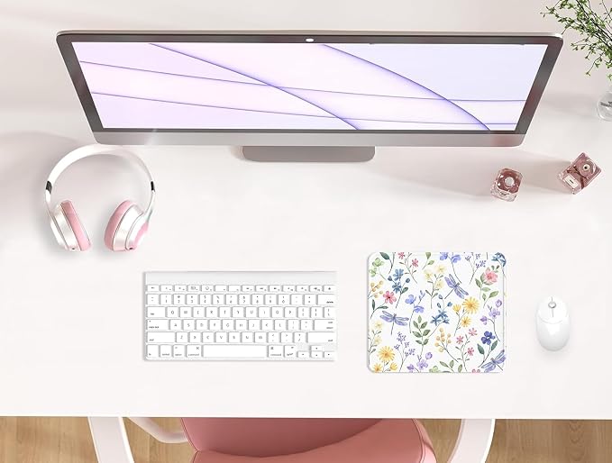 Mouse Pad with Stitched Edge, Multiple Patterns Computer Mouse Pads with Non-Slip Rubber Base, Washable Cloth Mousepad, for Gaming, Laptop, PC (Dragonfly Meadow)