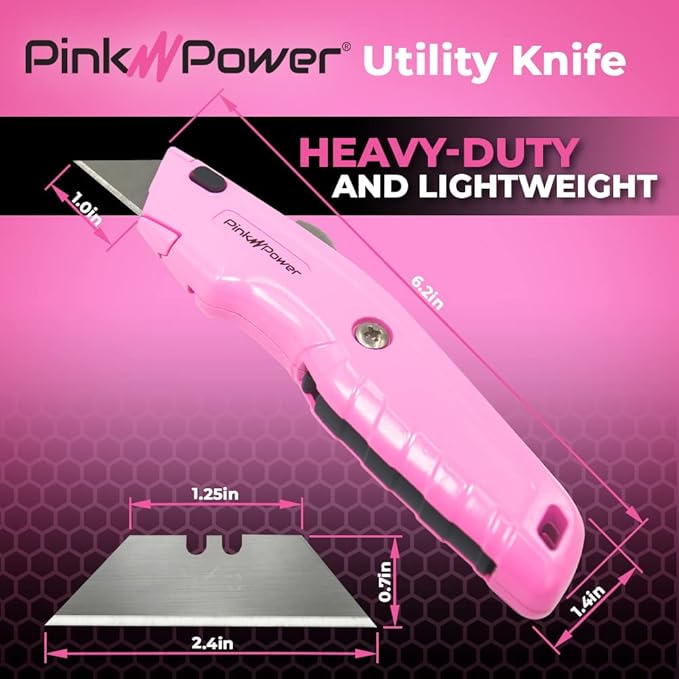Pink Power Box Cutter Retractable, Pink Utility Knife for Carpet, Cute Box Cutter Knife Heavy Duty with 3 Blades and Storage Compartment - Opener Pocket Utility Tools for Women (1)