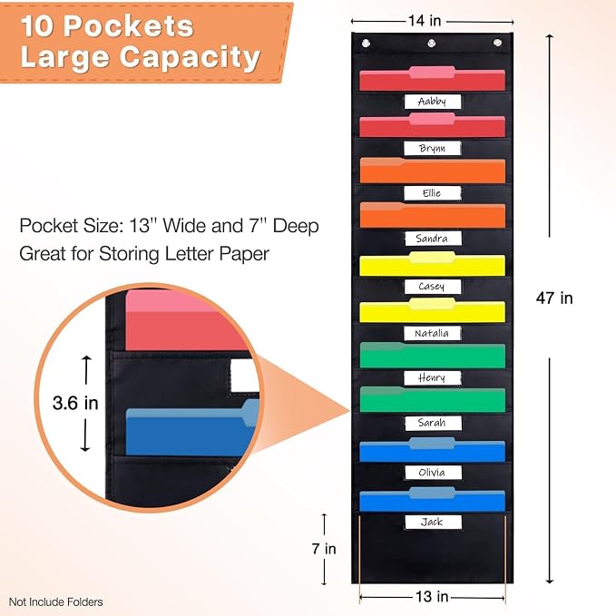 Opret 10 Pockets Storage Pocket Chart with 10 Nametag Pockets, Hanging Wall File Organizer for File Folders with 3 Hangers for Classroom, Office, School Mailbox Organizer and Home (Black)