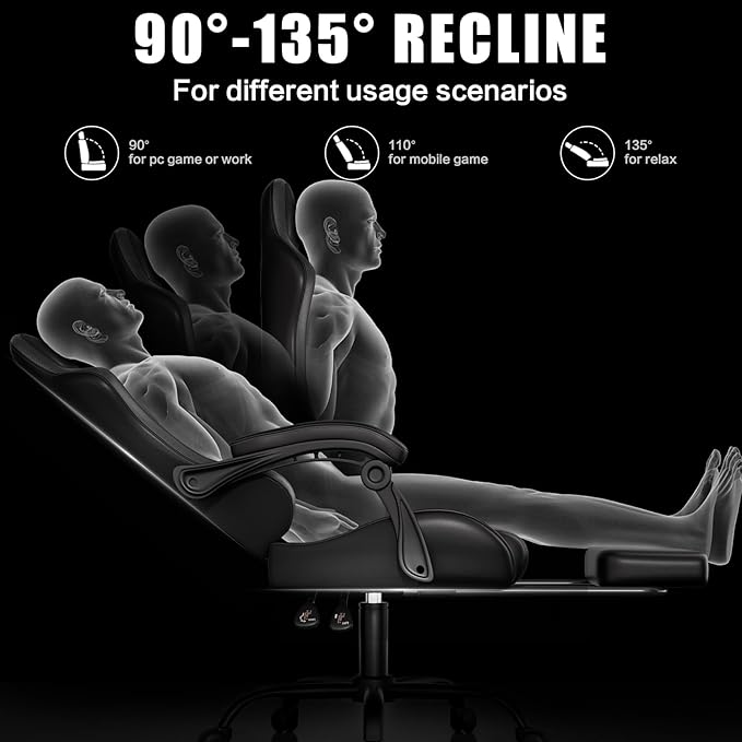 Gaming Chair, Ergonomic Office Computer Chair with Footrest and Lumbar Support Massager Racing Style High Back Video Gamer Chair, Wide＆Thick Cushion, 90°-135° Recline, Adjustable Height, Black