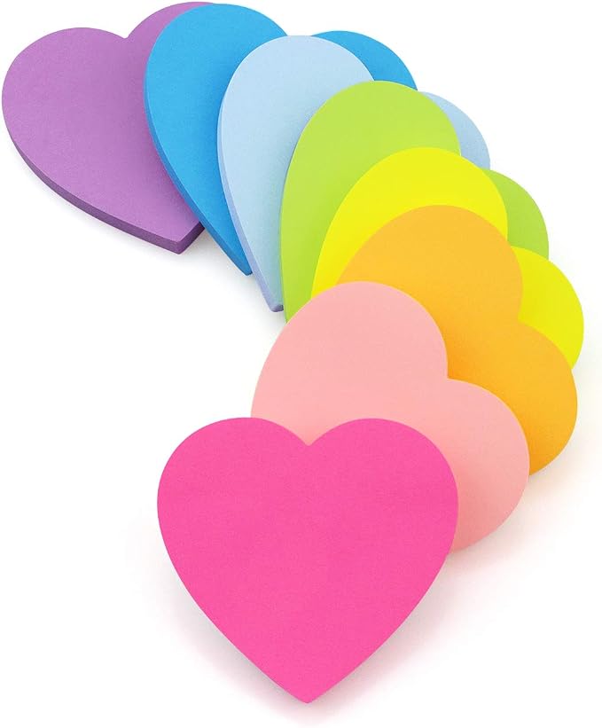 SIMONA Heart Shape Sticky Notes 3x3 in 8 Color Bright Colorful Sticky Pad | Heart Self-Sticky Note Pads, Cute Bright Color 8 Pads, 600 Sheets, Strong Adhesive Sticky Notes for Office, School, Family