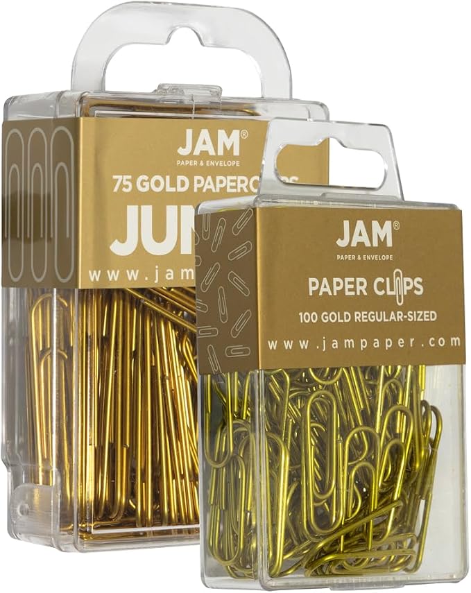 JAM PAPER Combo Pack Colorful Paper Clips - Standard & Jumbo - Gold Paperclips - 1 Pack of 100 & 1 Pack of 75