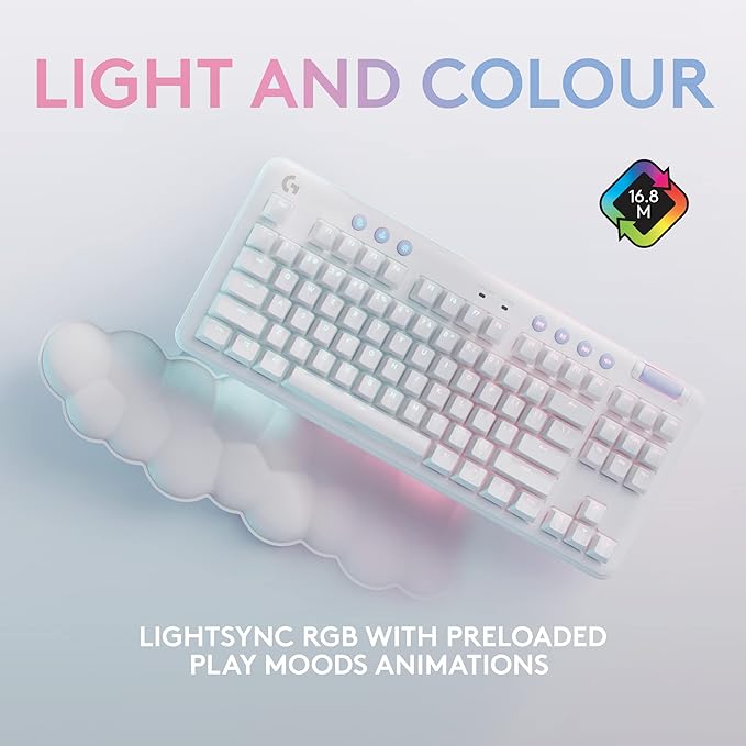 Logitech G715 Wireless Mechanical Gaming Keyboard with LIGHTSYNC RGB, Lightspeed, Tactile Switches (GX Brown), and Keyboard Palm Rest, PC/Mac Compatible - White Mist