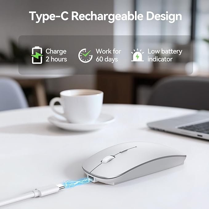 TECKNET Bluetooth Wireless Mouse, Rechargeable Silent Portable Computer Mouse, 6 Adjustable DPI, Dual Mode (Bluetooth 5.2/3.0 and 2.4G USB Receiver) for Laptop, iPad, MacBook, PC, Desktop, Android