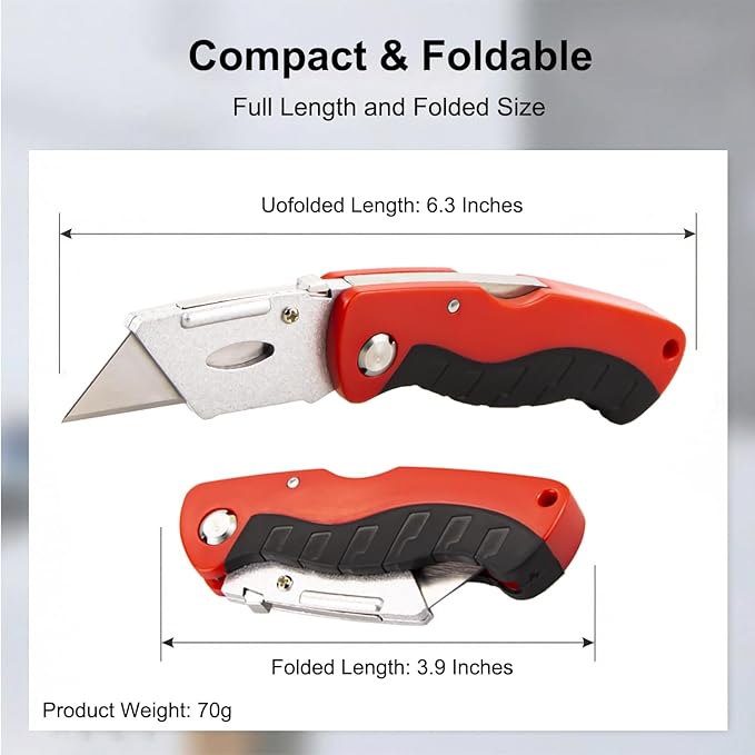 (2-Pack) Box Cutter with 10 Extra Blades, Heavy Duty Folding Utility Knife for Cardboard, Carton, Carpet Cutting, Anti-slip Rubber & ABS Handle, Quick Replace Blade