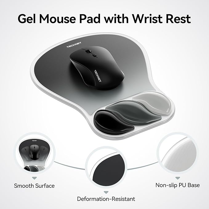 TECKNET Gel Mouse Pad with Wrist Support, Ergonomic Mouse Pad with Gel Wrist Support for Relieve Wrist Pain Comfortably - Non-Slip Base & Waterproof Surface for Office, Gaming, Study Comfort - Gray