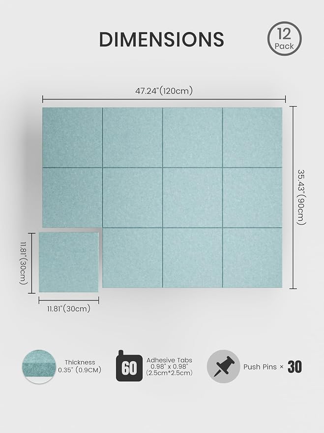 Bumusty 48"x 36" Large Felt Bulletin Board Tiles, Aqua Blue | 12-Pack Cork Board Alternative, Wall Decor, 30 Pushpins, 60 Adhesive Tabs, Vision Board, Office, Classroom, Home, Dorm
