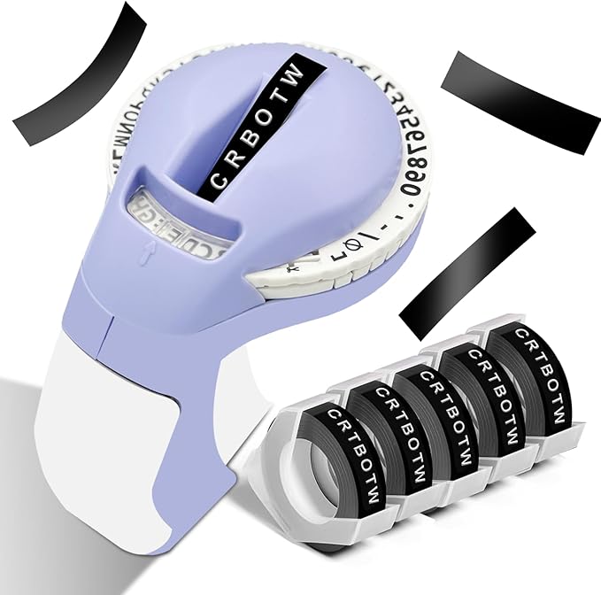 Retro Embossing Label Maker Machine with Tapes, Old School Embosser Labeler with 5 Rolls 3D Embossing Label Waterproof for Office Home Organization and DIY- Purple