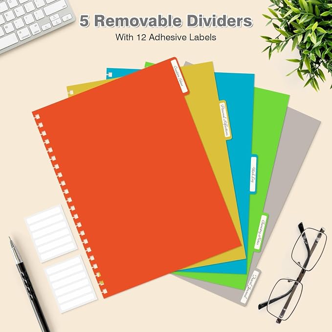 5 Subject Notebooks College Ruled, Lined Notebook with Removable Dividers | 300 Pages 100GSM Thick Spiral Writing Journal for Women & Men, Small A5 Spiral Notebooks for Work, School Supplies, 6" x 8"
