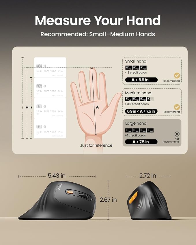 ProtoArc EM11 NL Wireless Ergonomic Vertical Mouse, Rechargeable, Black | 58° vertical design supports a natural wrist posture, connect 3 devices via Bluetooth/2.4G USB-A, 500mAh USB-C rechargeable.