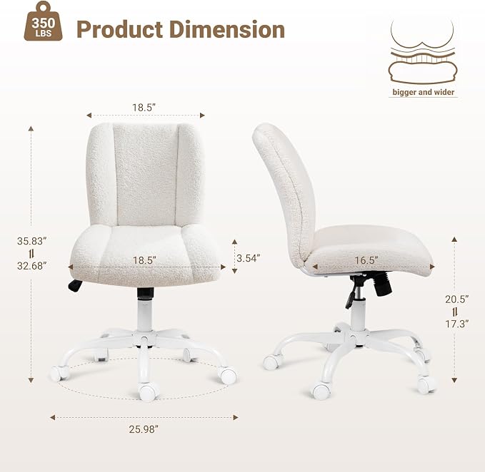 Vanity Chair with Wheels, Armless Office Chair Height Adjustable, Cute Desk Chair with Soft Lumbar Support for Small Space, Bedroom, Make-up Room, White