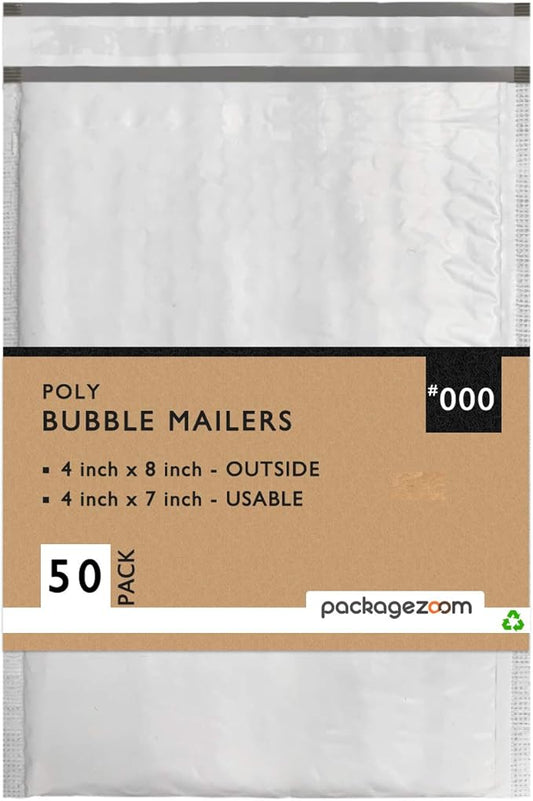 PackageZoom 50 Pcs Poly Bubble Mailers 4x8 Padded Envelopes #000 Shipping Envelopes 2.5 Mil