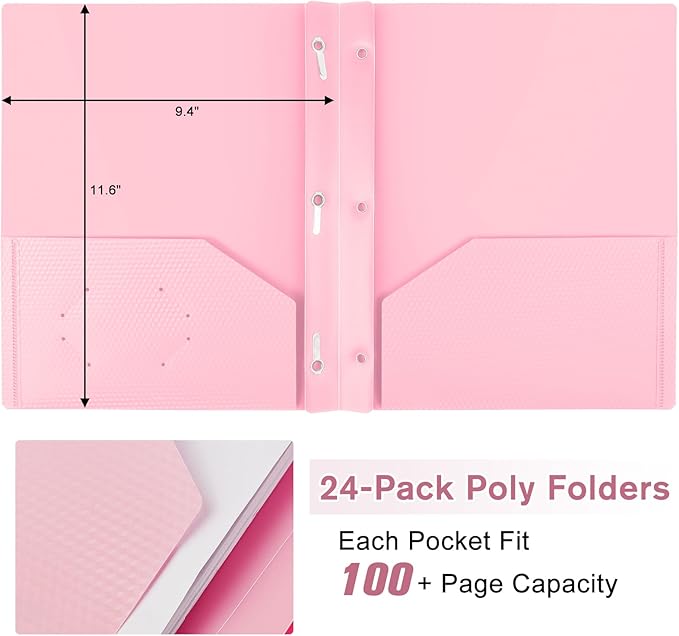 24-Pack Plastic andPockets and Prongs,2-Pocket and3 Fasteners, Pastel Folders Holds US Letter Size Paper for School/Office/Home, Pink