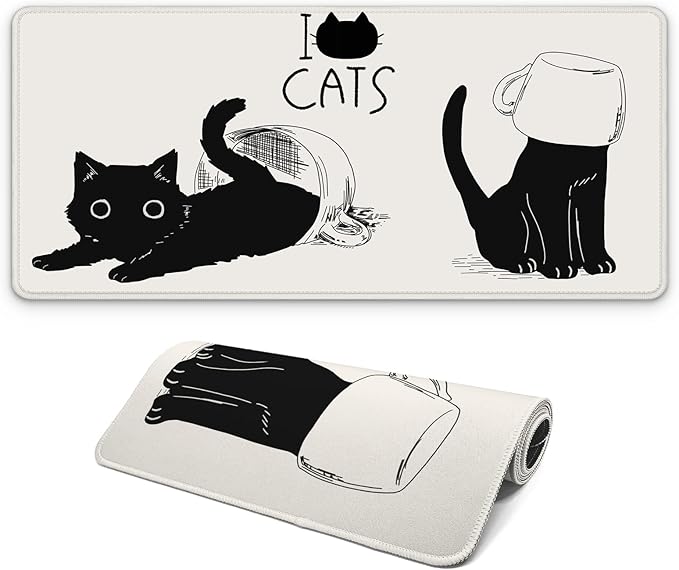 Funny Cute Cat Gaming Mouse Pad with Non-Slip Rubber Base, Large Anime Mousepad with Stitched Edges, Long Keyboard Mat for Home and Office, 31.5 x 11.8 inches (Anime Black Cat)