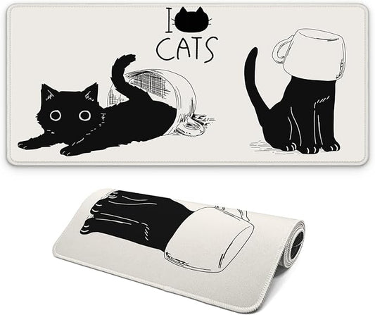 Funny Cute Cat Gaming Mouse Pad with Non-Slip Rubber Base, Large Anime Mousepad with Stitched Edges, Long Keyboard Mat for Home and Office, 31.5 x 11.8 inches (Anime Black Cat)