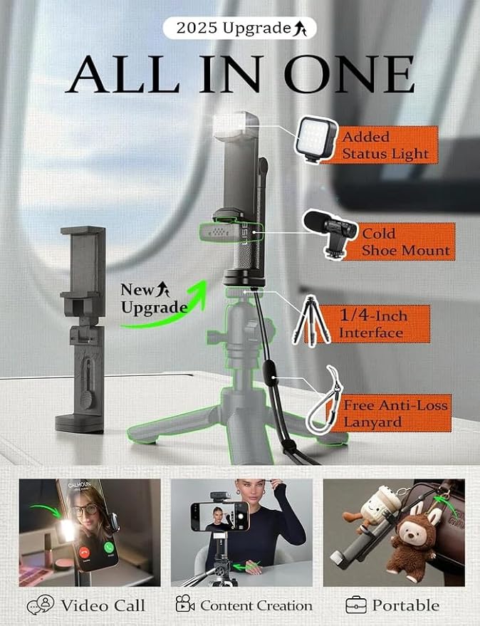 LISEN Airplane Travel Essentials (LED) Phone Stand Holder for Desk Cruise Ship Essentials 2026 Mount Airplane Gadgets Women Men Long Flight Accessories Photographic Lighting Flash Tubes Kids Gifts | Cold Shoe and 1/4" Screw, 360° 180° Tilts Adjustable ...