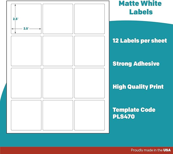 Premium Label Supply White Sticker Square Labels – 2.5" x 2.5" – Laser/Inkjet Compatible – (12 per Sheet), 25 Sheets – 300 Total Adhesive Labels