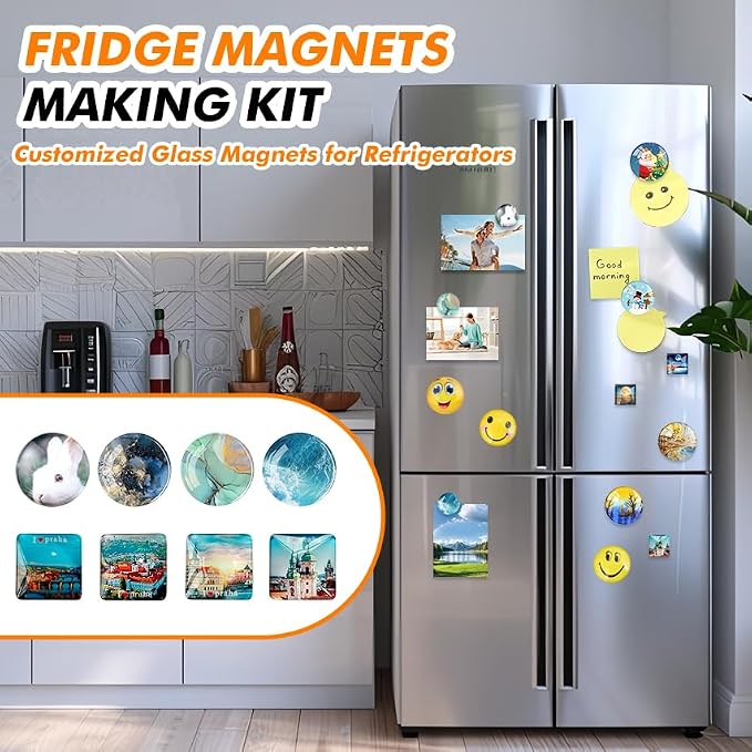 Aertiavty 120 Pcs Fridge Magnets Making Kit, 2 Inch Glass Magnets for Refrigerator, Locker, Whiteboard, Office, Kitchen, Decorative Magnet (60 Round Magnet+60 Glass+Clear Adhesive Dots)