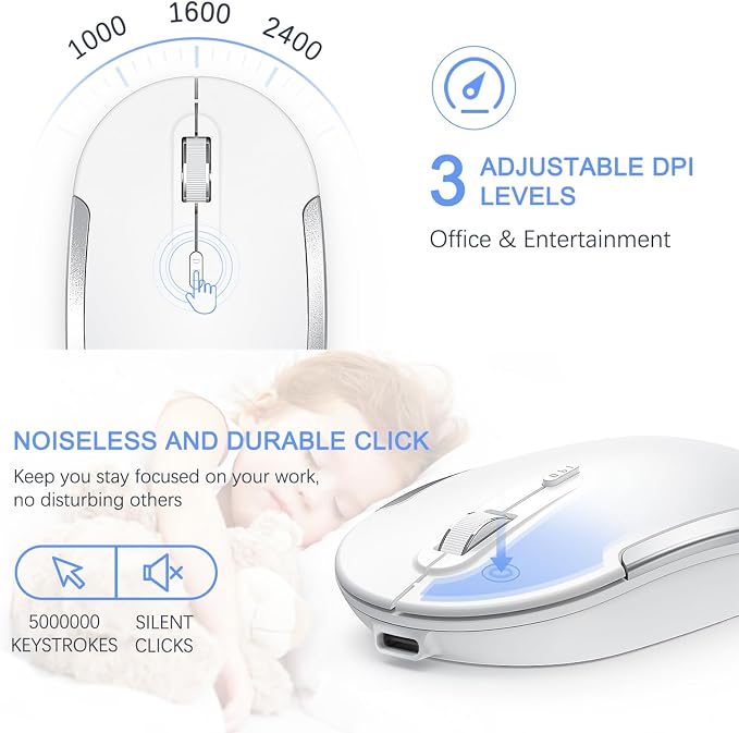Vssoplor Wireless Keyboard and Mouse, Rechargeable Ultra Slim, White Silver | Quiet Full-Size Keyboard and Mouse Combo Set, for Laptop, PC, Notebook, Desktop, 2.4GHz Stable Connection, Ideal for Office