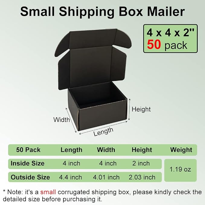 50 Pack 4x4x2'' Small Shipping Boxes, Black Corrugated Cardboard Literature Mailers, Mailing Packaging Supplies for Small Business (BK442-50)