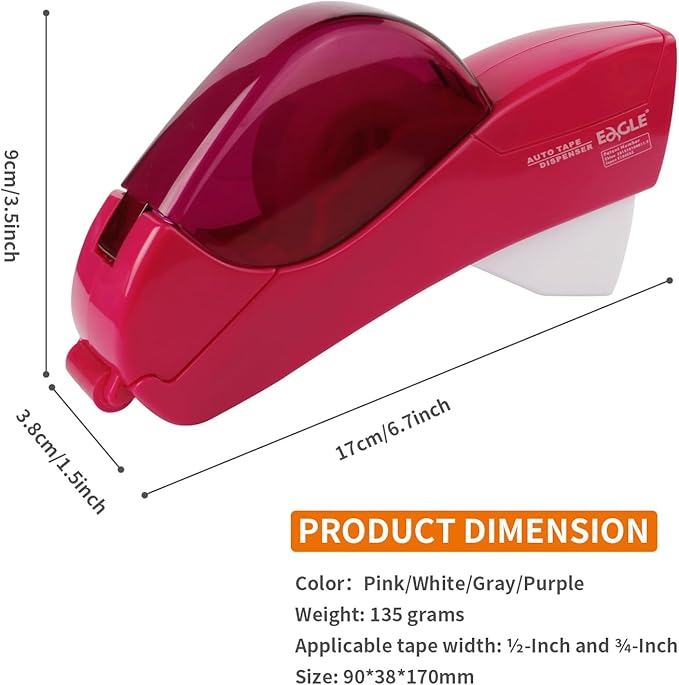 Eagle Automatic Tape Dispenser and Tape Gun. Free 1/2" (12mm) and 3/4" (19mm). Ideal for Taping Gifts, Packages, Scrapbooks and Envelopes (Pink)
