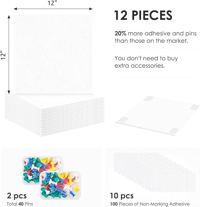 Large Cork Board for Walls 48"x36" |Cork Board Alternative| 12 Pack Felt Wall Tiles| White Bulletin Board with Removable Adhesive | Cork Boards Pinboard for Office Home Classroom,White