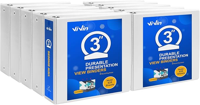 ViVin 3 Ring Binder 3 Inch, 10 Pack, White | Clear View Cover, Large 3" Round Ring for Strength, Holds 600 Sheets of US Letter Size Paper, Office Home School Use