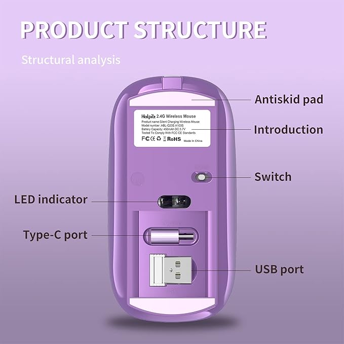 Wireless Mouse Chargeable Portable Silent USB and Type-C Dual Mode Wireless Mouse 3 Adjustable DPI for Laptop, Mac, Android, PC (Q23S Black) (Purple)