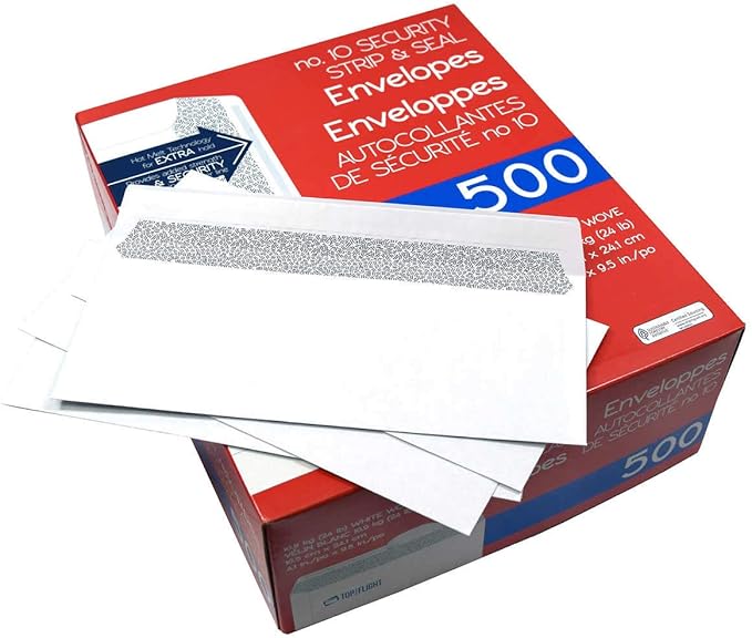 Top Flight PSTF10NWT #10 Envelopes,Strip & Seal,Security Tinted,White Paper,24 lb,500 Count (Pack of 2)