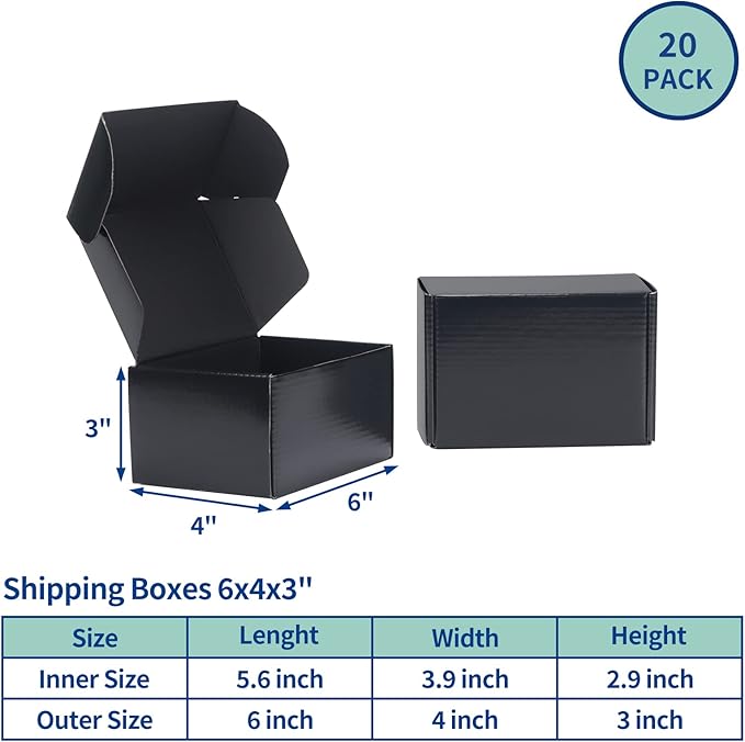 Rempry 6x4x3 Black Shipping Boxes for Small Business 20 Pack, Small Cardboard Corrugated Mailer Boxes Gifts for Packaging Mailing