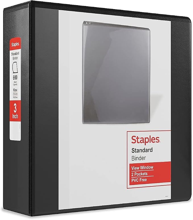 Staples Standard 3-Inch D-Ring View Binder, Black, Holds 600 Sheets | Large-capacity binder for office and school document organization.
