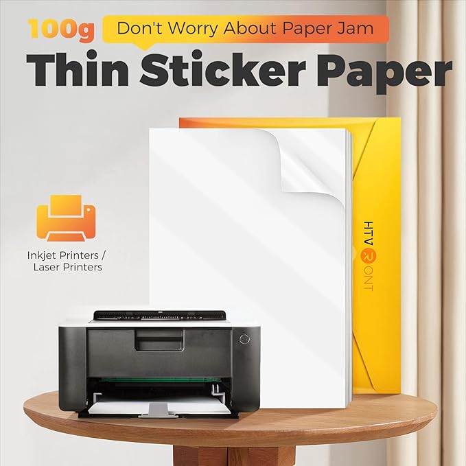 HTVRONT Printable Vinyl Sticker Paper, 100 Sheets Glossy Waterproof Sticker Paper For Inkjet Printer Dries Quickly-Standard Letter Size 8.5"X11"
